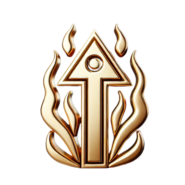 Gold emblem with arrow and flames - Growth Analytics